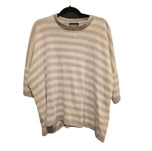 ESKANDAR 100% Linen Tan Striped‎ Poncho Pullover Sweater Top